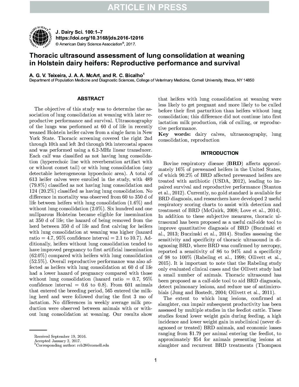 Thoracic ultrasound assessment of lung consolidation at weaning in Holstein dairy heifers: Reproductive performance and survival