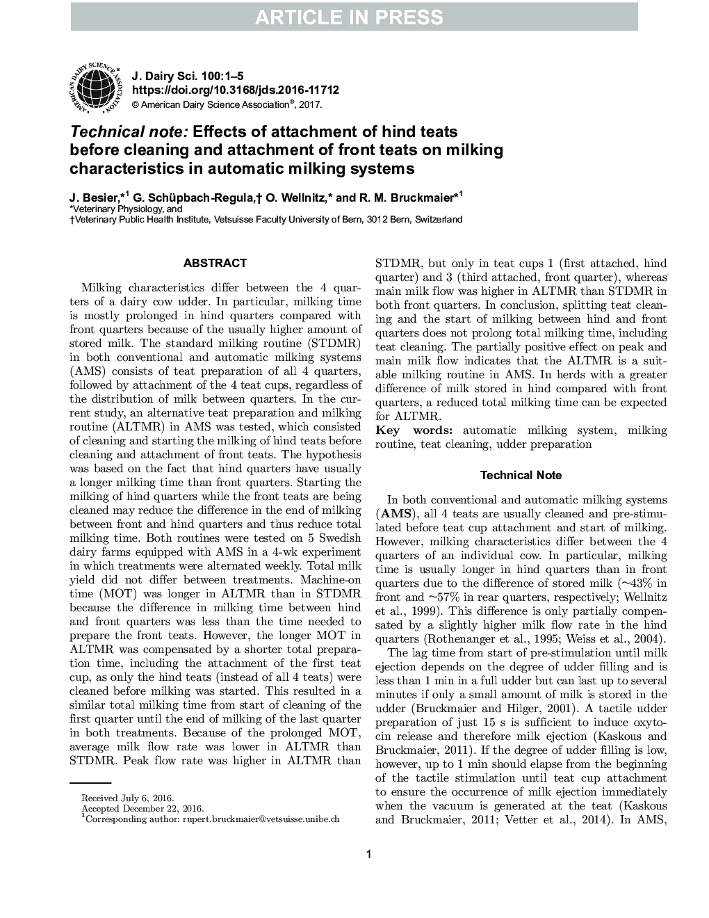 Technical note: Effects of attachment of hind teats before cleaning and attachment of front teats on milking characteristics in automatic milking systems