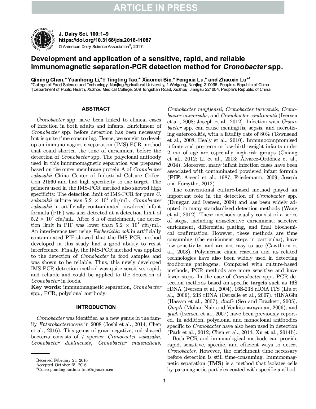 Development and application of a sensitive, rapid, and reliable immunomagnetic separation-PCR detection method for Cronobacter spp.