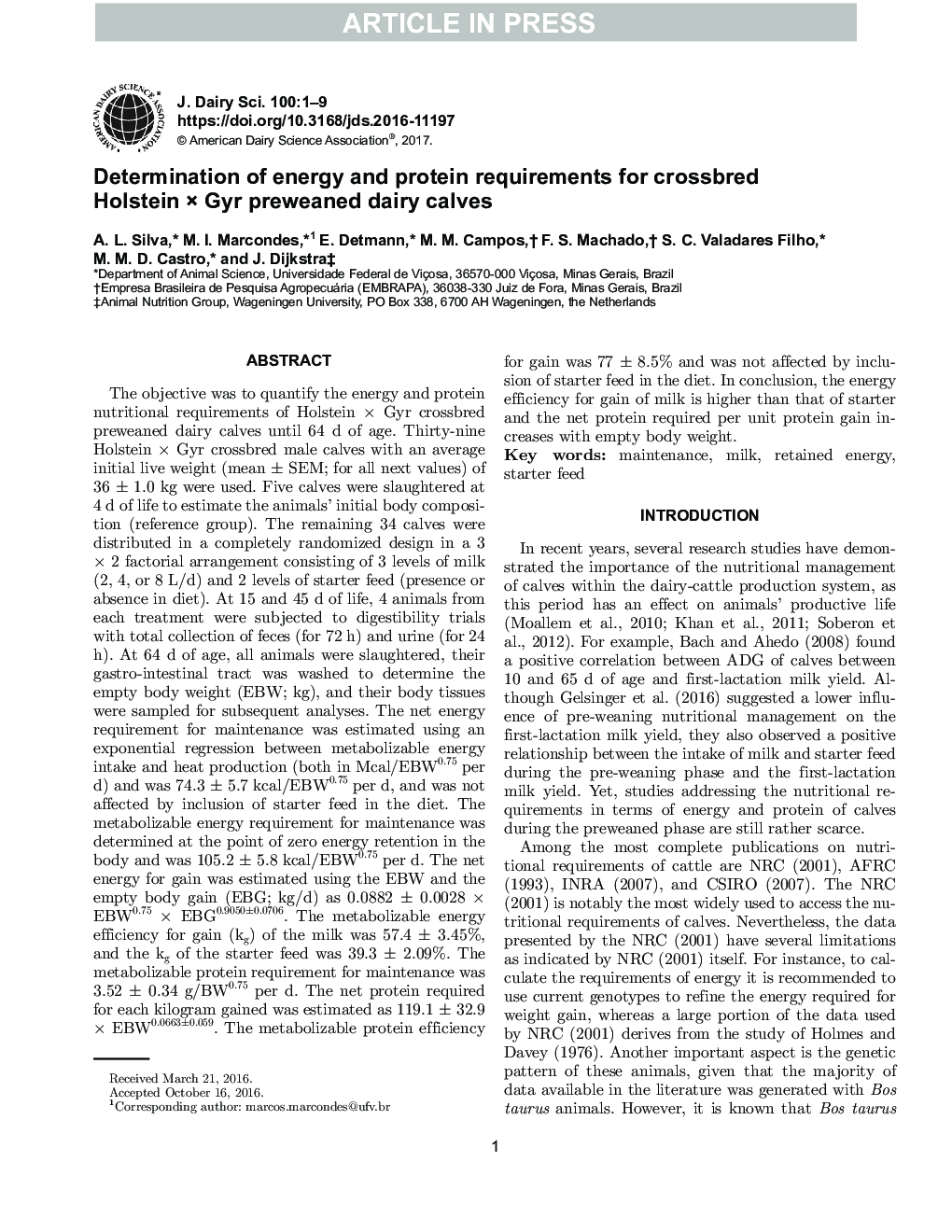 Determination of energy and protein requirements for crossbred Holstein Ã Gyr preweaned dairy calves