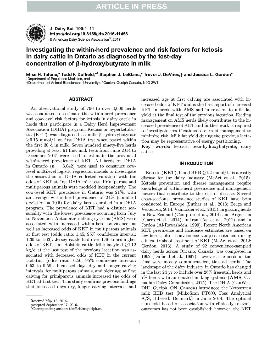 Investigating the within-herd prevalence and risk factors for ketosis in dairy cattle in Ontario as diagnosed by the test-day concentration of Î²-hydroxybutyrate in milk