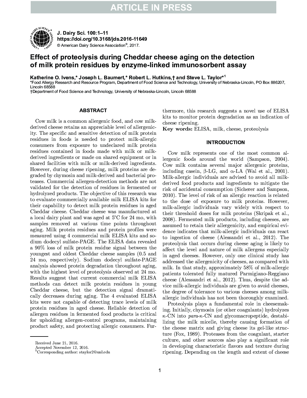 Effect of proteolysis during Cheddar cheese aging on the detection of milk protein residues by ELISA