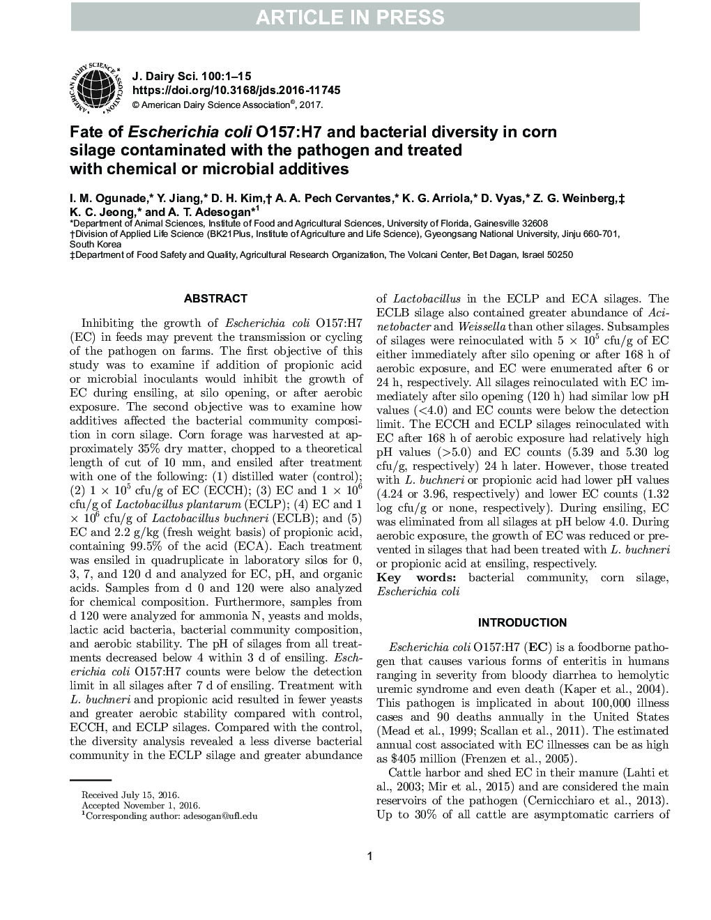 Fate of Escherichia coli O157:H7 and bacterial diversity in corn silage contaminated with the pathogen and treated with chemical or microbial additives