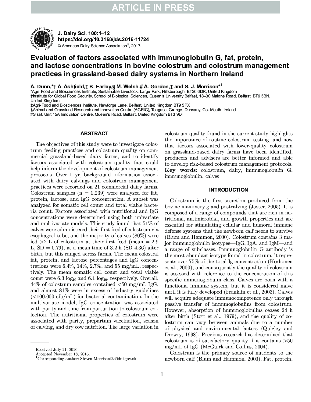 Evaluation of factors associated with immunoglobulin G, fat, protein, and lactose concentrations in bovine colostrum and colostrum management practices in grassland-based dairy systems in Northern Ireland