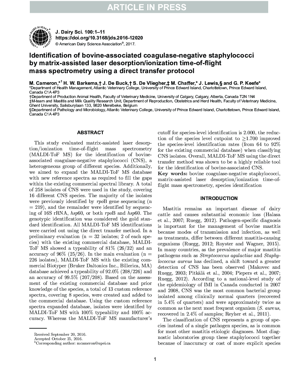 Identification of bovine-associated coagulase-negative staphylococci by matrix-assisted laser desorption/ionization time-of-flight mass spectrometry using a direct transfer protocol