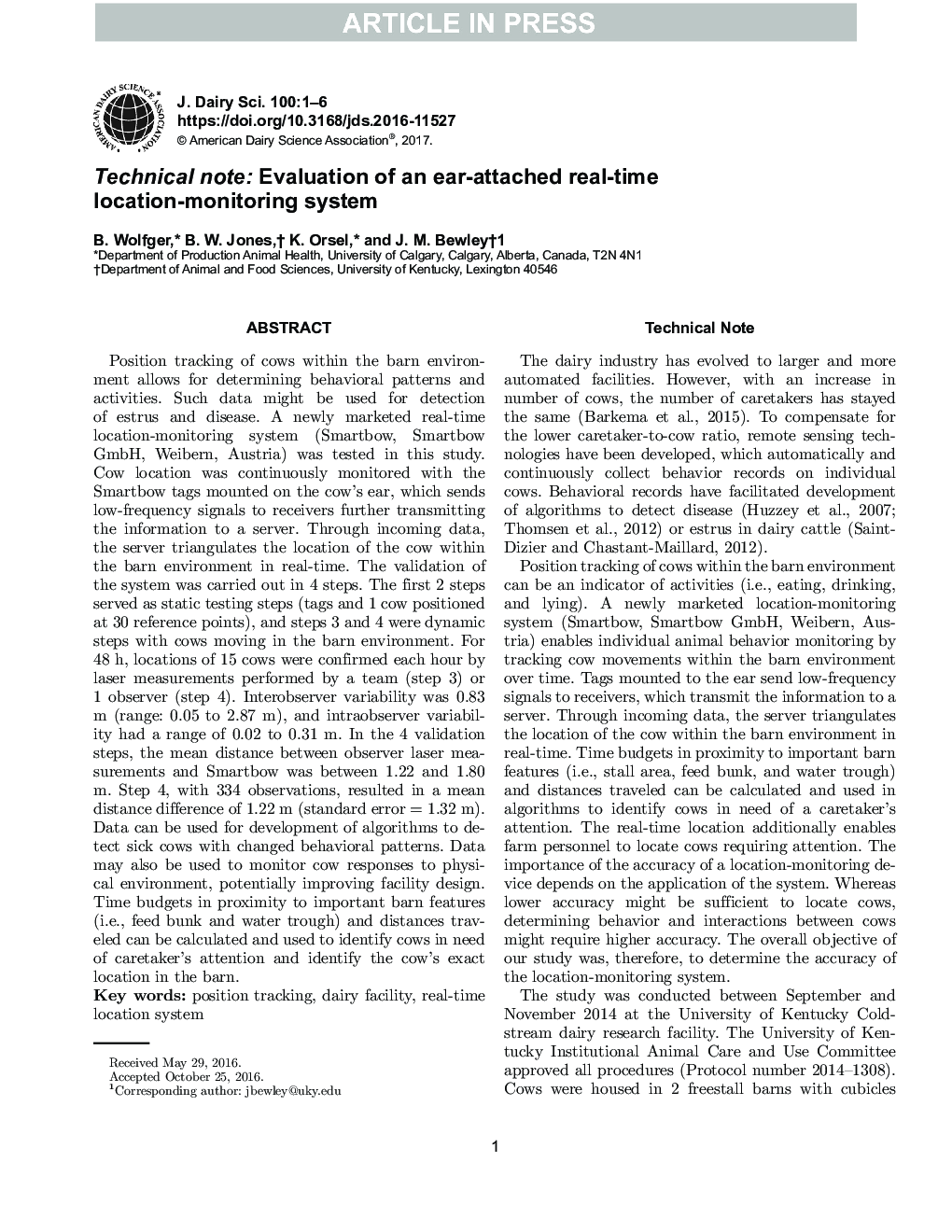 Technical note: Evaluation of an ear-attached real-time location monitoring system