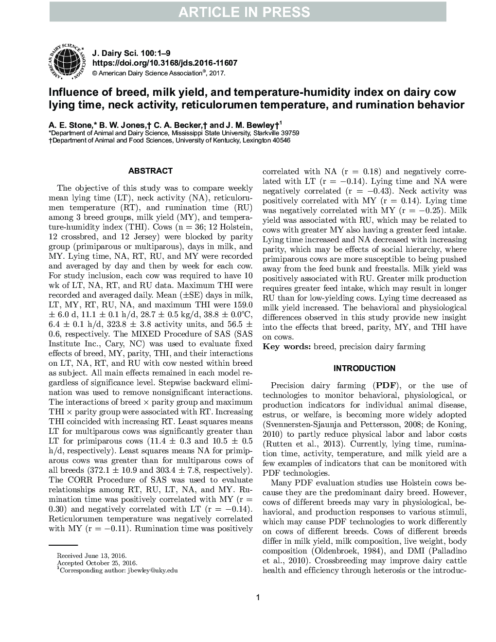 Influence of breed, milk yield, and temperature-humidity index on dairy cow lying time, neck activity, reticulorumen temperature, and rumination behavior
