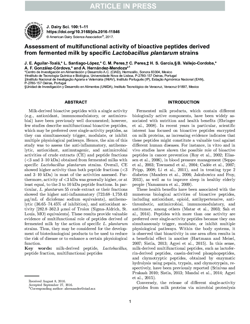 Assessment of multifunctional activity of bioactive peptides derived from fermented milk by specific Lactobacillus plantarum strains