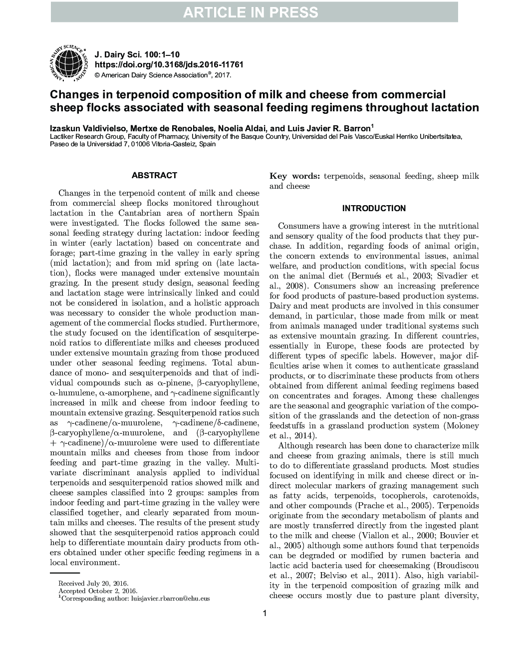 Changes in terpenoid composition of milk and cheese from commercial sheep flocks associated with seasonal feeding regimens throughout lactation