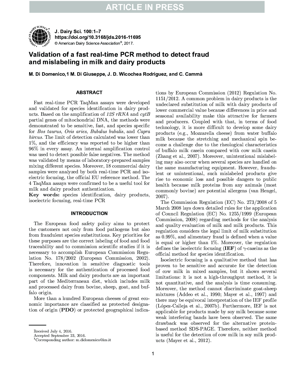 Validation of a fast real-time PCR method to detect fraud and mislabeling in milk and dairy products