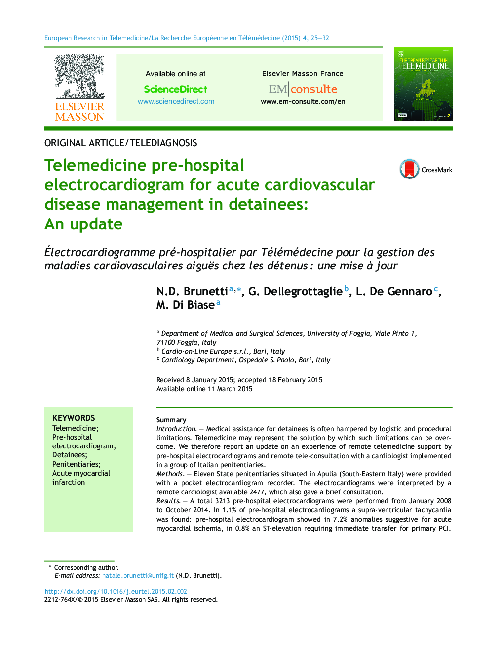 Telemedicine pre-hospital electrocardiogram for acute cardiovascular disease management in detainees: An update