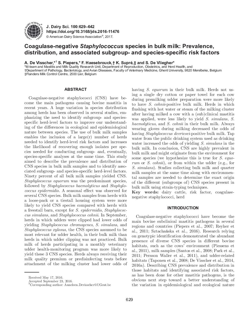 Coagulase-negative Staphylococcus species in bulk milk: Prevalence, distribution, and associated subgroup- and species-specific risk factors