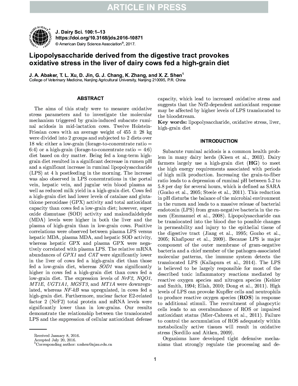 Lipopolysaccharide derived from the digestive tract provokes oxidative stress in the liver of dairy cows fed a high-grain diet