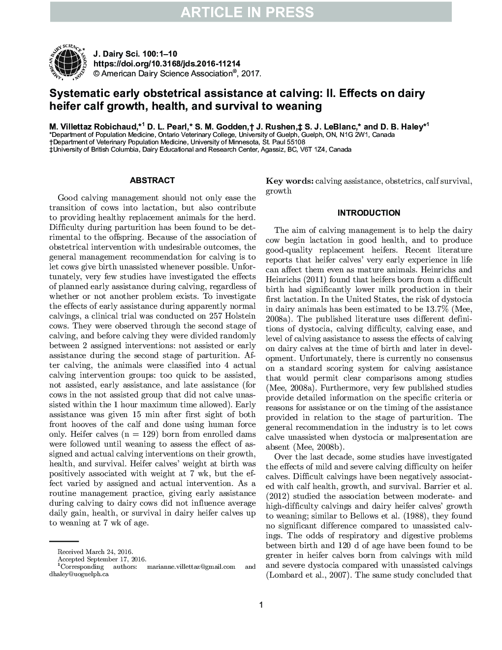 Systematic early obstetrical assistance at calving: II. Effects on dairy heifer calf growth, health, and survival to weaning