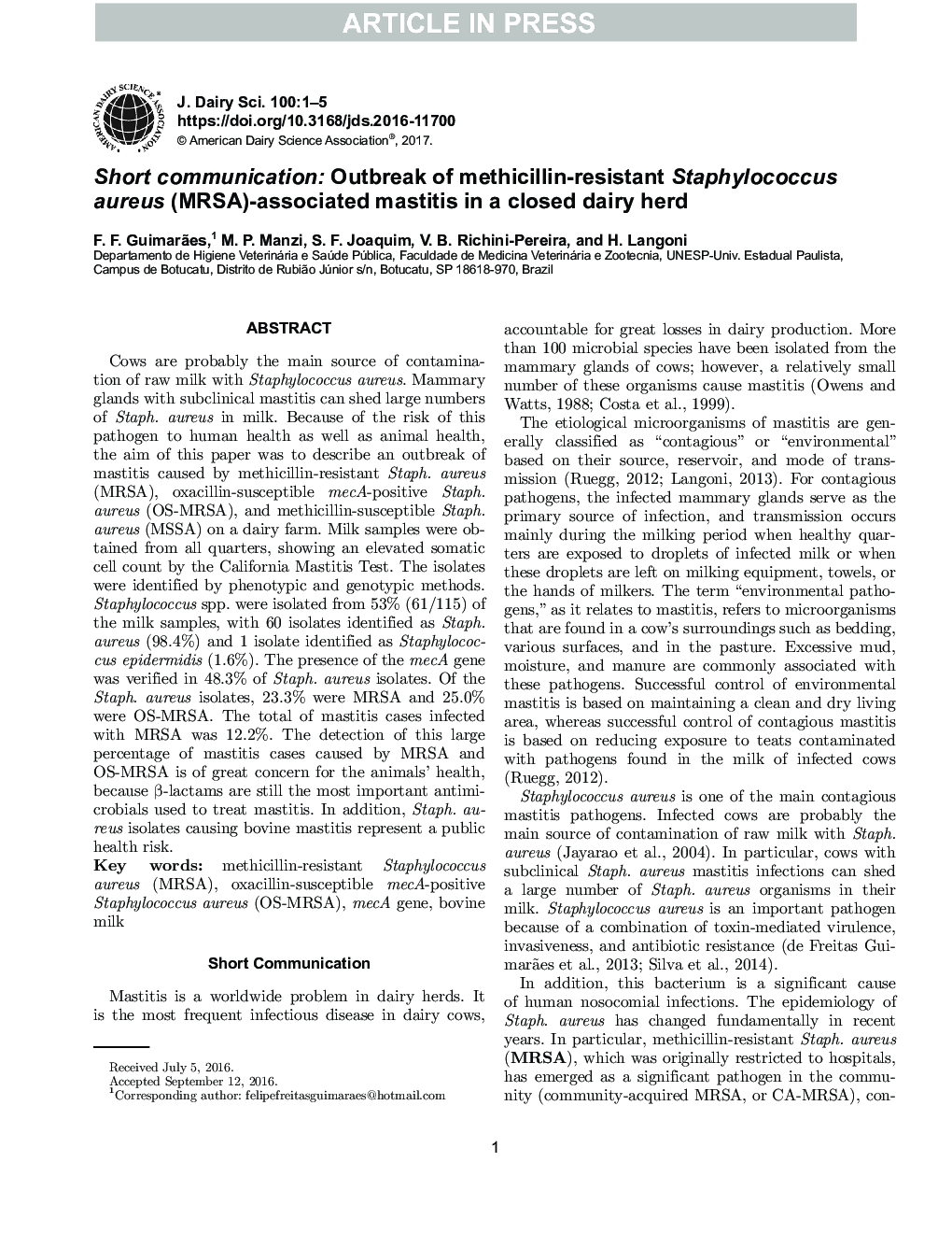 Short communication: Outbreak of methicillin-resistant Staphylococcus aureus (MRSA)-associated mastitis in a closed dairy herd