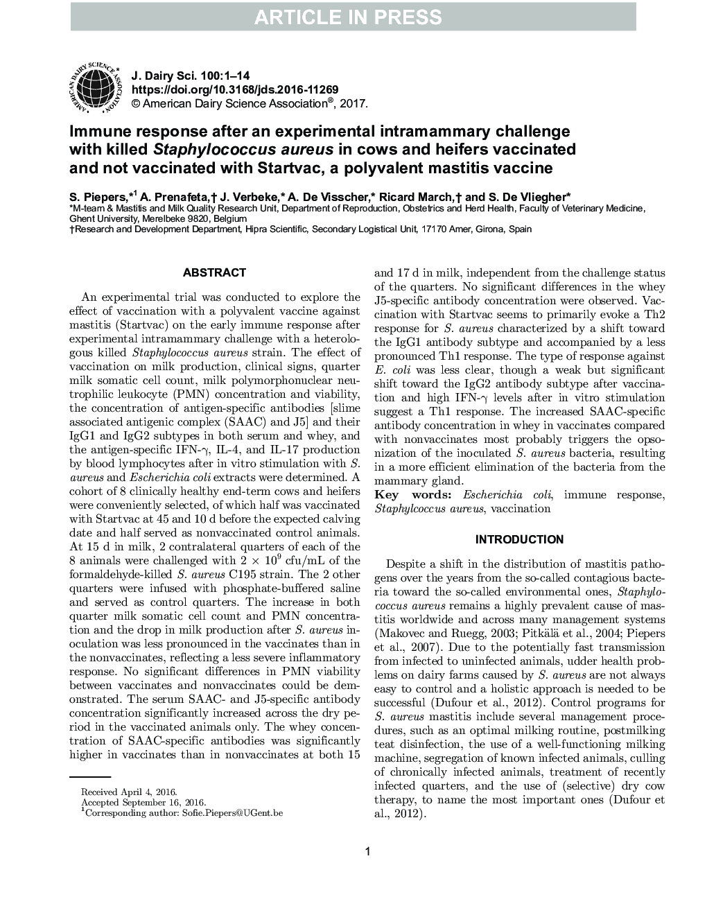 Immune response after an experimental intramammary challenge with killed Staphylococcus aureus in cows and heifers vaccinated and not vaccinated with Startvac, a polyvalent mastitis vaccine