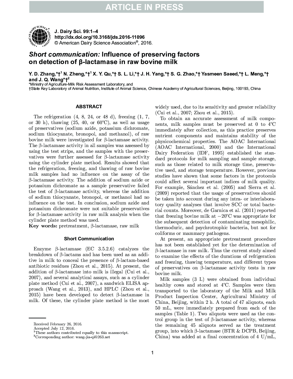 Short communication: Influence of preserving factors on detection of Î²-lactamase in raw bovine milk