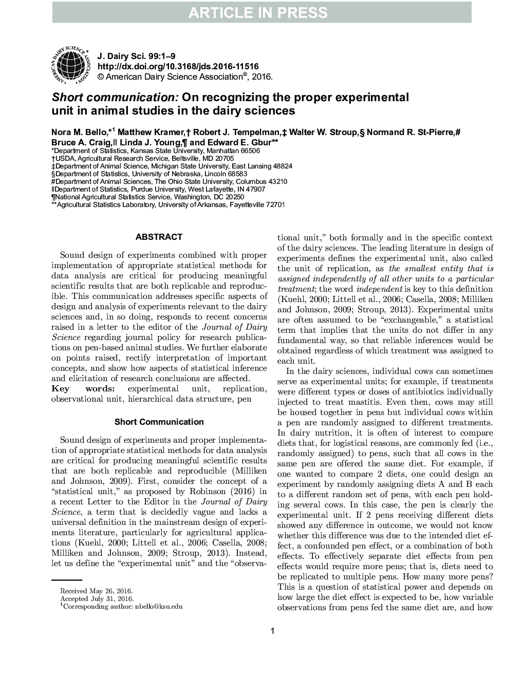 Short communication: On recognizing the proper experimental unit in animal studies in the dairy sciences