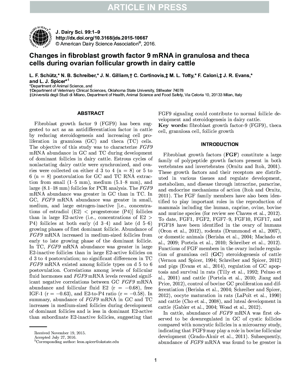 Changes in fibroblast growth factor 9 mRNA in granulosa and theca cells during ovarian follicular growth in dairy cattle