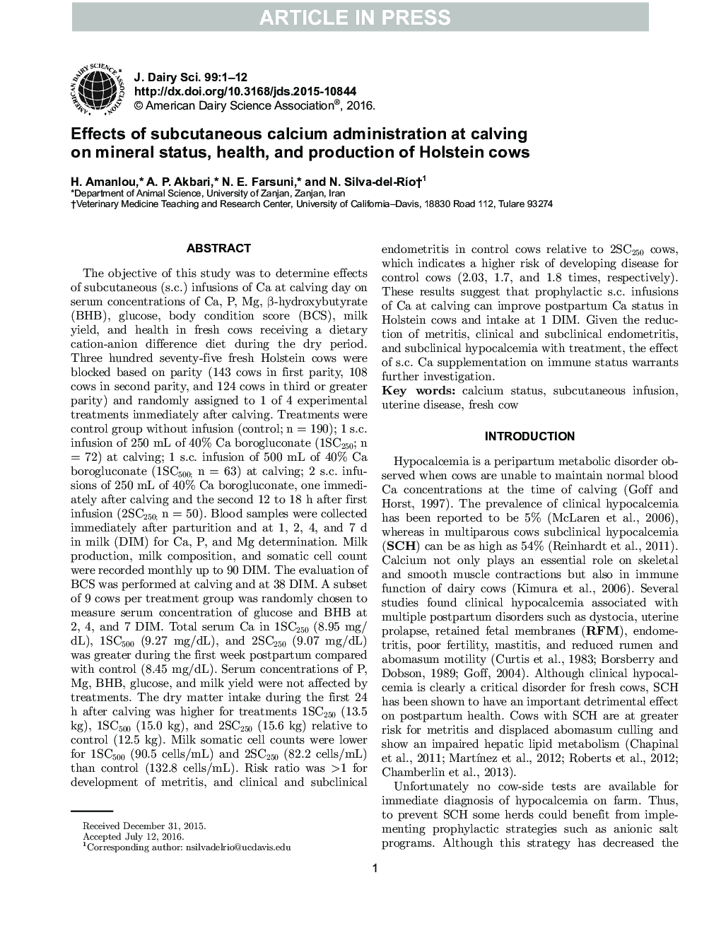 Effects of subcutaneous calcium administration at calving on mineral status, health, and production of Holstein cows