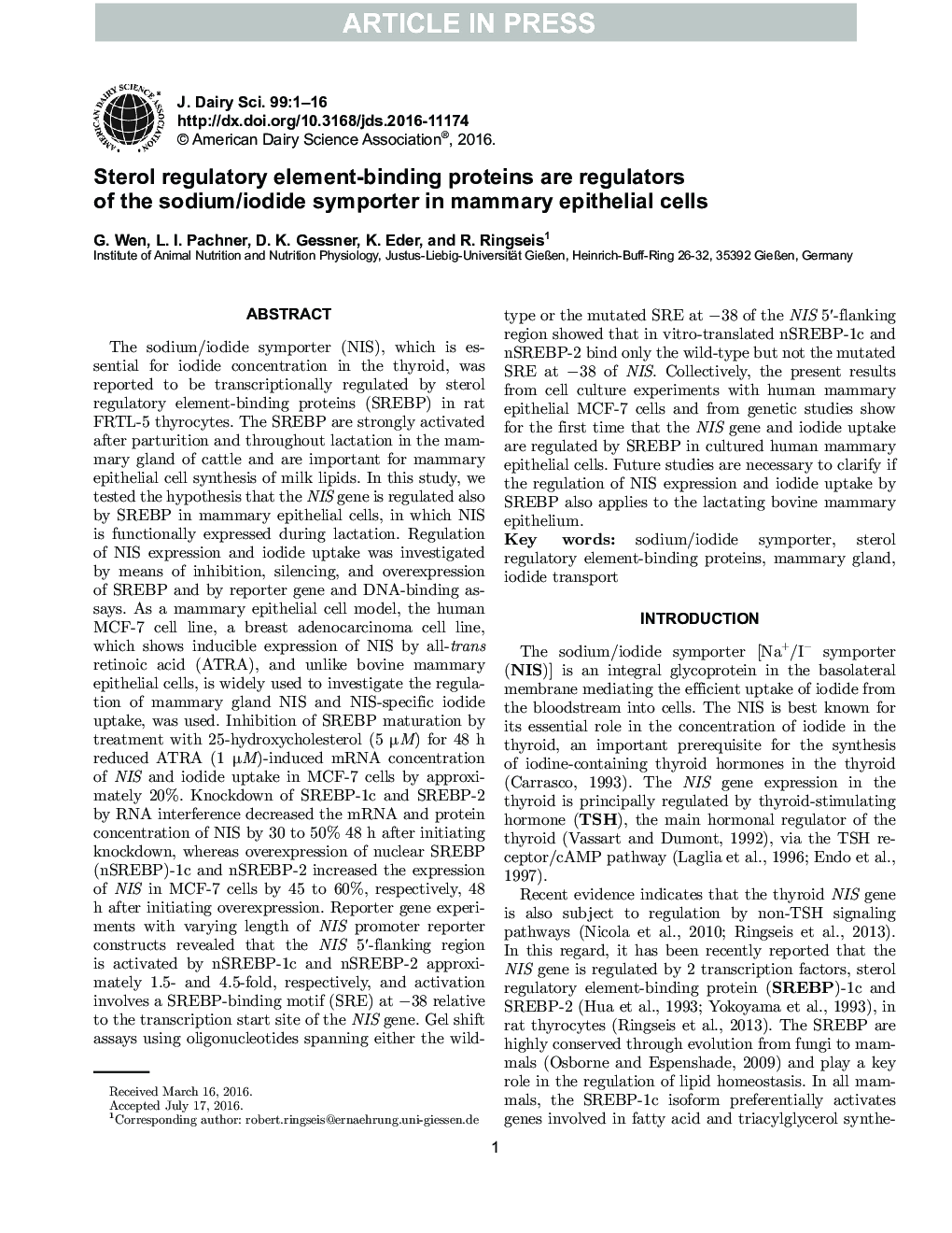 Sterol regulatory element-binding proteins are regulators of the sodium/iodide symporter in mammary epithelial cells