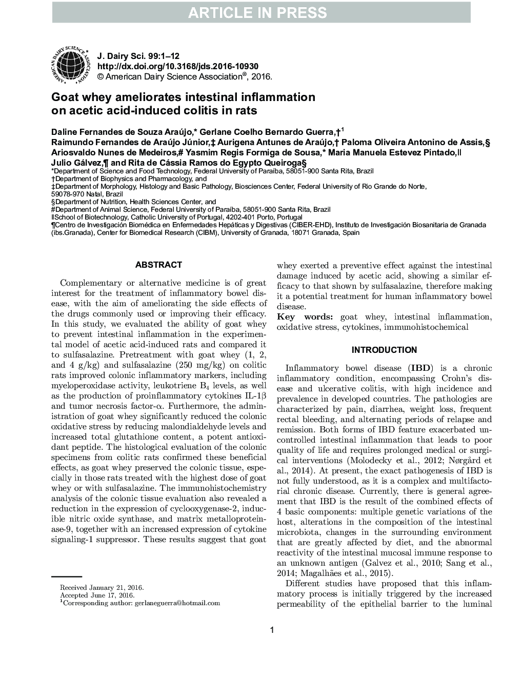 Goat whey ameliorates intestinal inflammation on acetic acid-induced colitis in rats