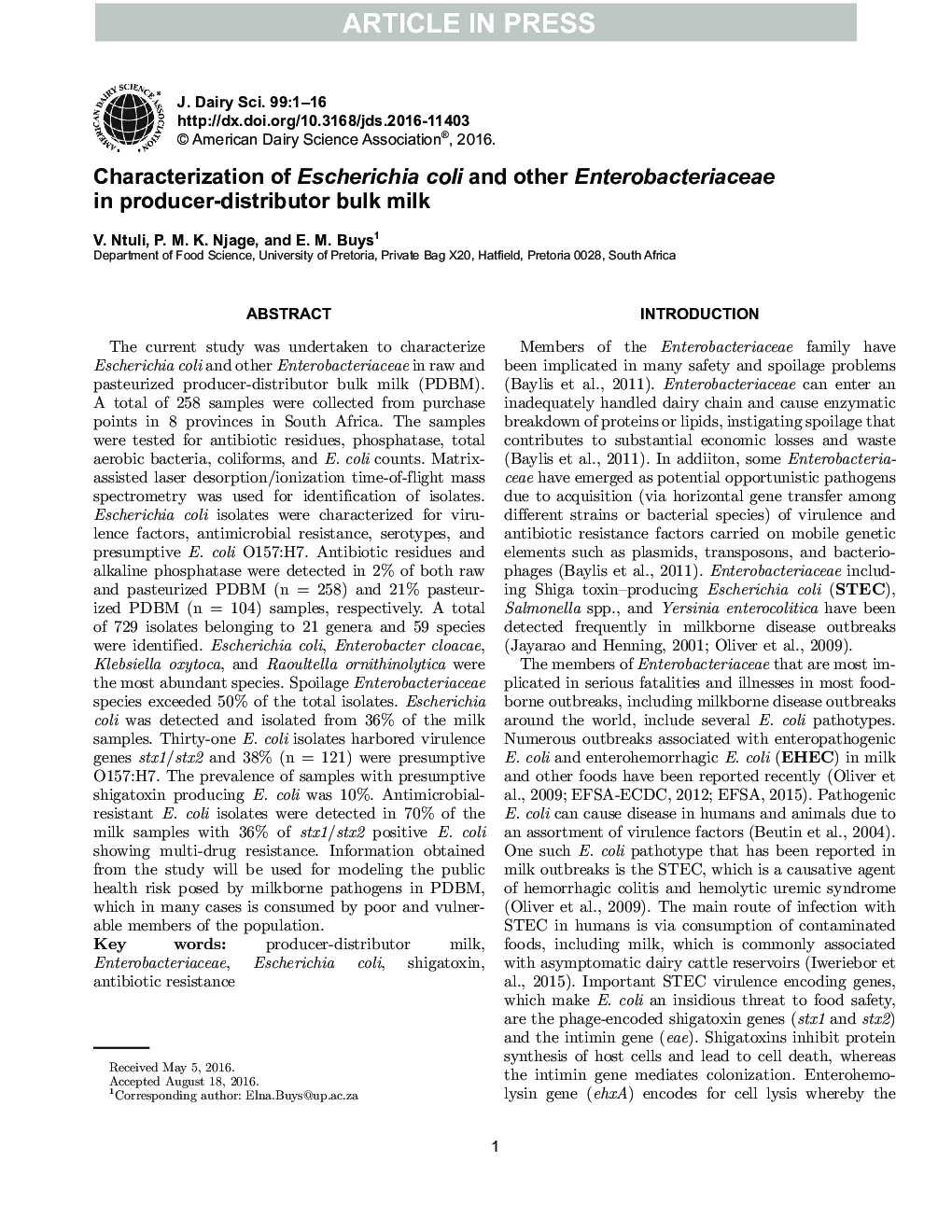عکس صفحه اول مقاله: Characterization of Escherichia coli and other Enterobacteriaceae in producer-distributor bulk milk Characterization of Escherichia coli and other Enterobacteriaceae in producer-distributor bulk milk