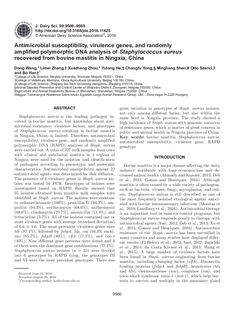 Antimicrobial susceptibility, virulence genes, and randomly amplified polymorphic DNA analysis of Staphylococcus aureus recovered from bovine mastitis in Ningxia, China