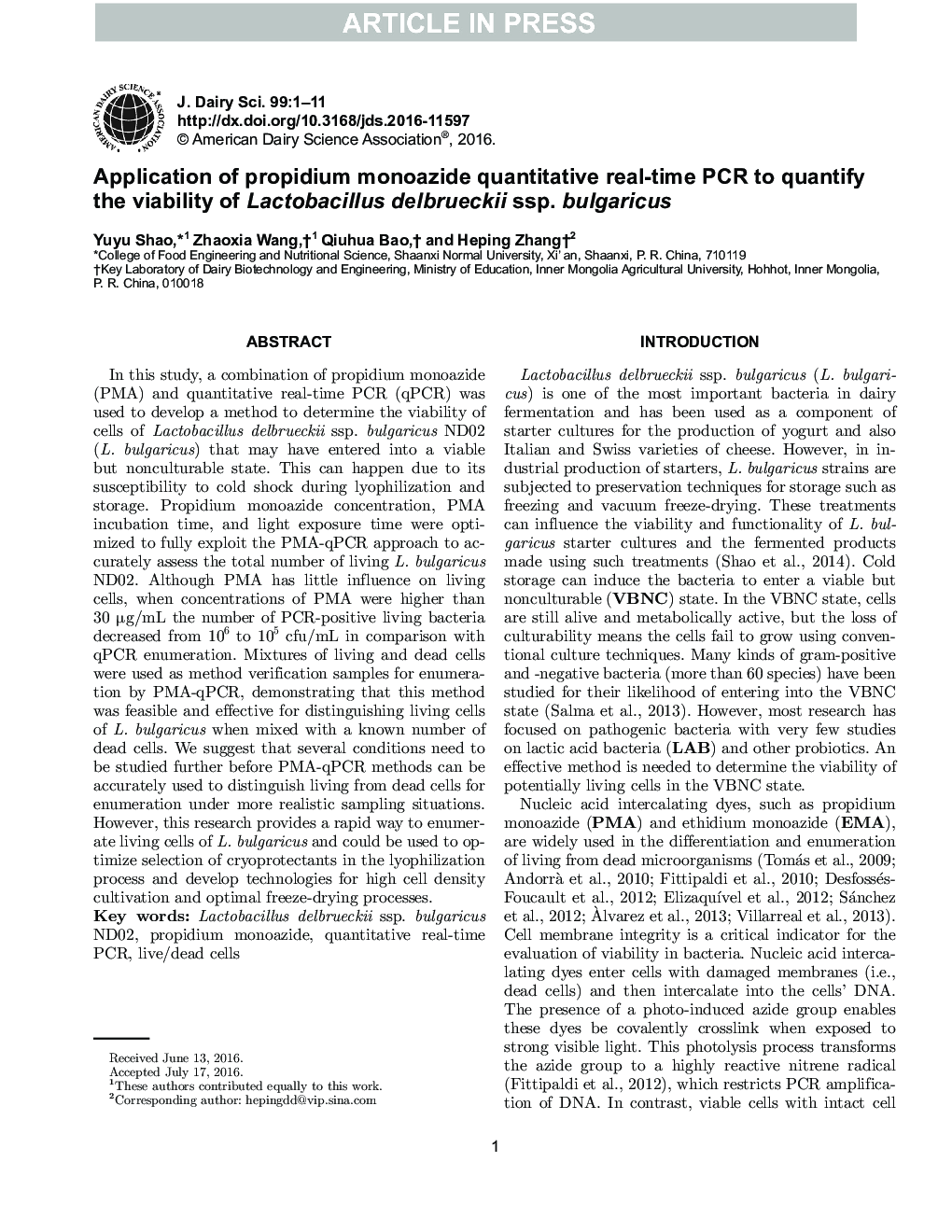 Application of propidium monoazide quantitative real-time PCR to quantify the viability of Lactobacillus delbrueckii ssp. bulgaricus