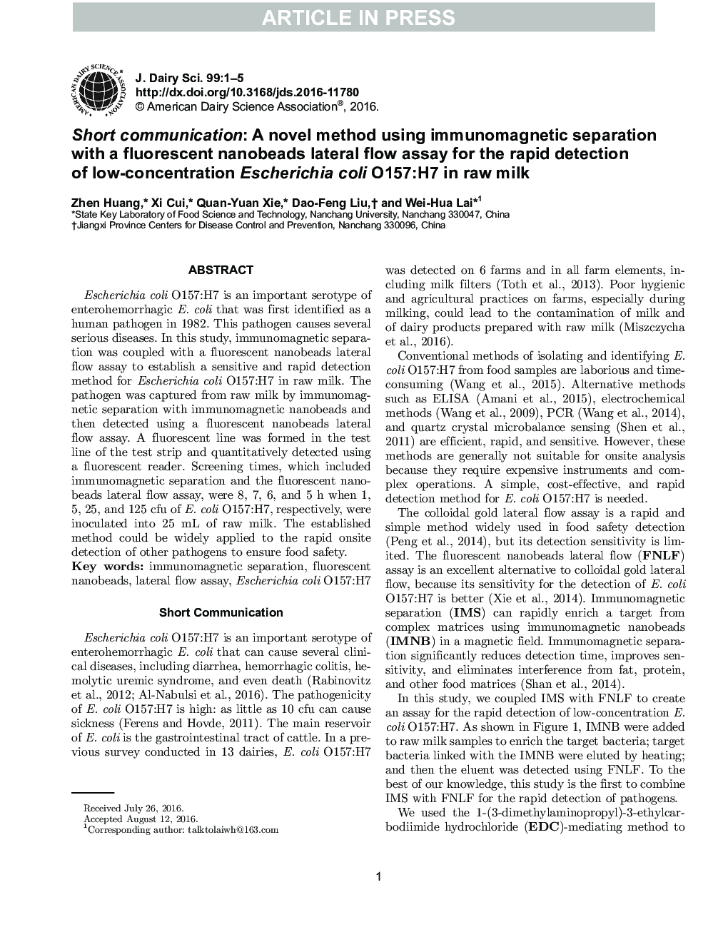 Short communication: A novel method using immunomagnetic separation with a fluorescent nanobeads lateral flow assay for the rapid detection of low-concentration Escherichia coli O157:H7 in raw milk