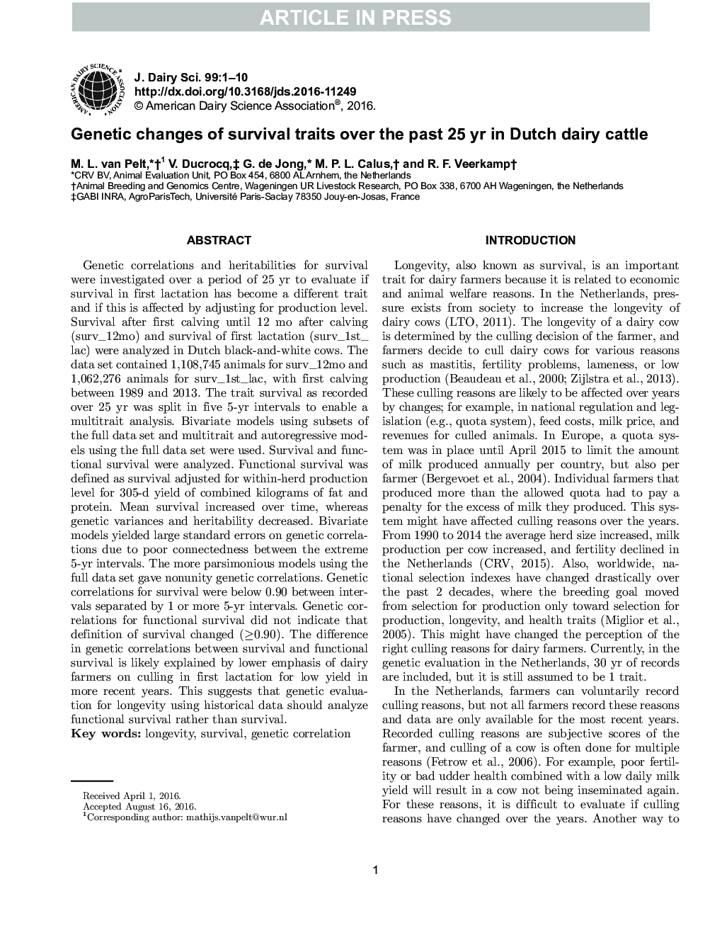 تغییرات ژنتیکی از ویژگی های بقا در طی 25 سال گذشته در گاوهای شیری هلندی 