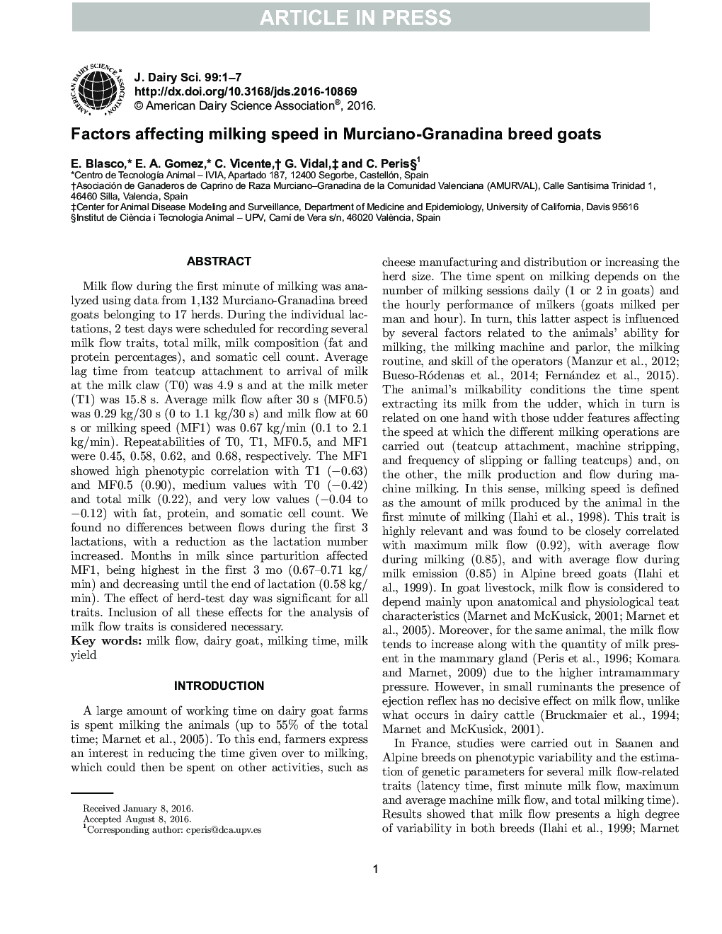 Factors affecting milking speed in Murciano-Granadina breed goats