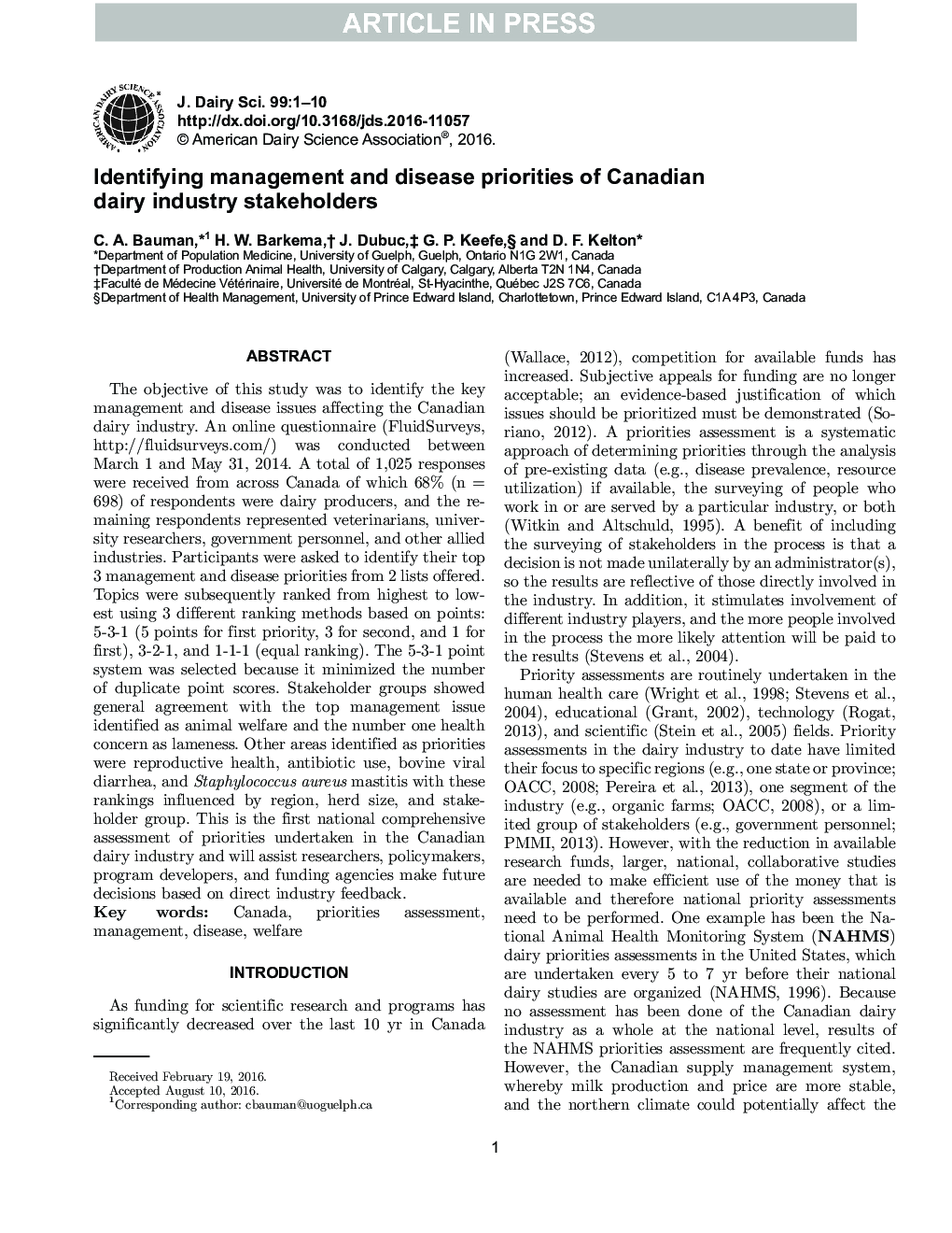 Identifying management and disease priorities of Canadian dairy industry stakeholders