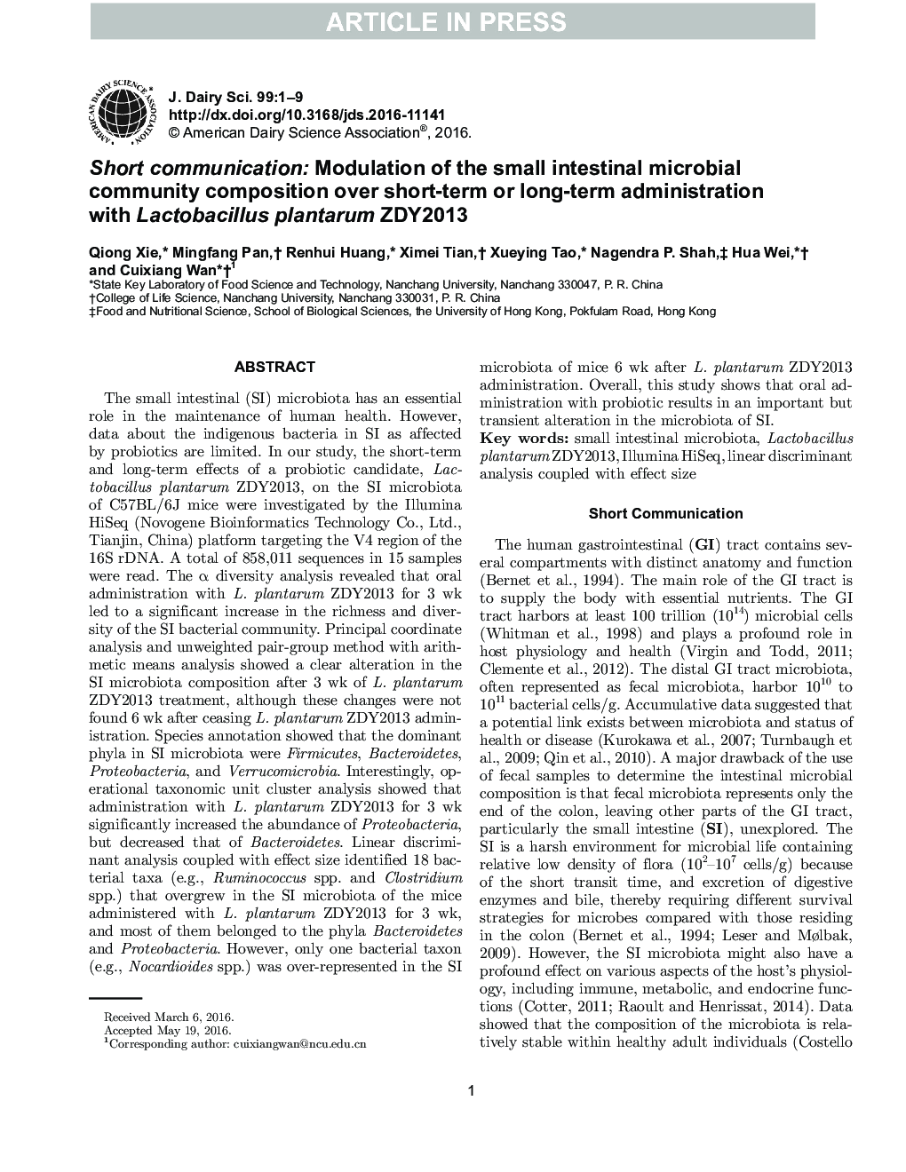 Short communication: Modulation of the small intestinal microbial community composition over short-term or long-term administration with Lactobacillus plantarum ZDY2013