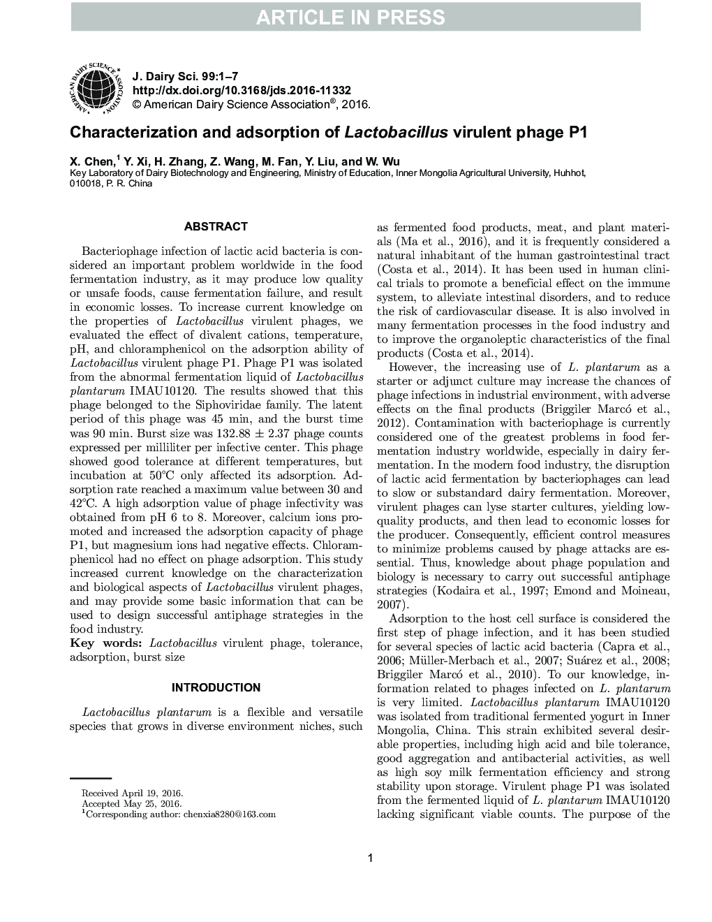 Characterization and adsorption of Lactobacillus virulent phage P1