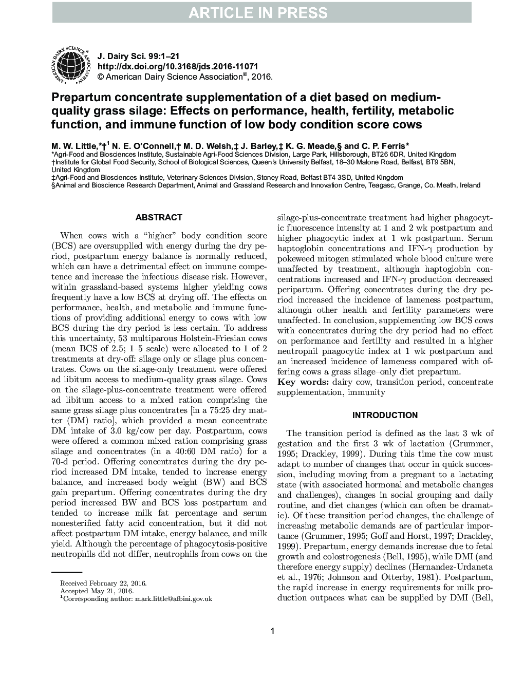 Prepartum concentrate supplementation of a diet based on medium-quality grass silage: Effects on performance, health, fertility, metabolic function, and immune function of low body condition score cows