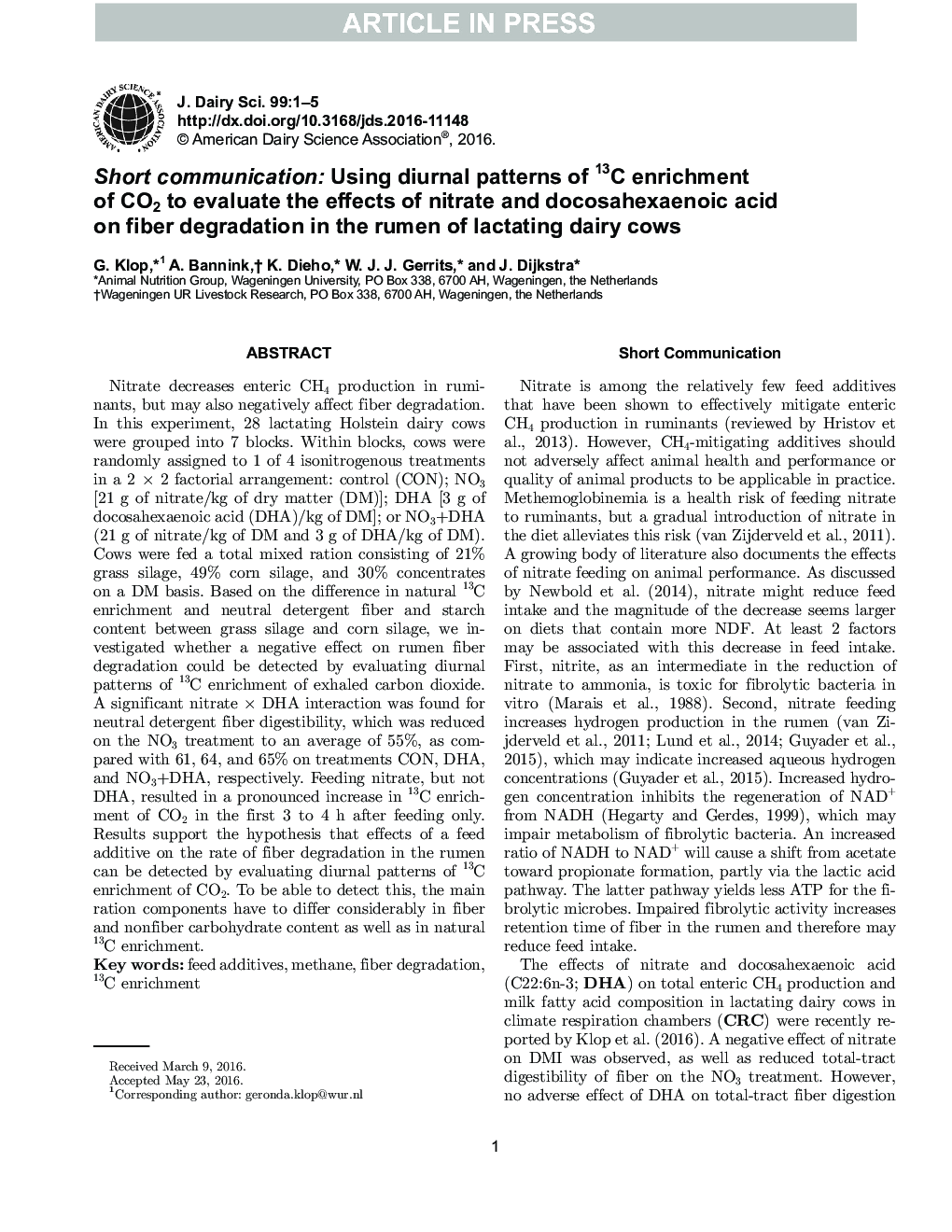 Short communication: Using diurnal patterns of 13C enrichment of CO2 to evaluate the effects of nitrate and docosahexaenoic acid on fiber degradation in the rumen of lactating dairy cows