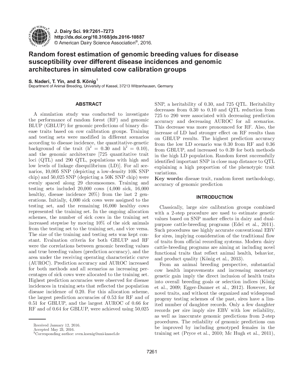 Random forest estimation of genomic breeding values for disease susceptibility over different disease incidences and genomic architectures in simulated cow calibration groups