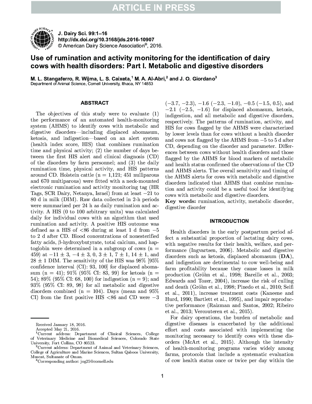 Use of rumination and activity monitoring for the identification of dairy cows with health disorders: Part I. Metabolic and digestive disorders