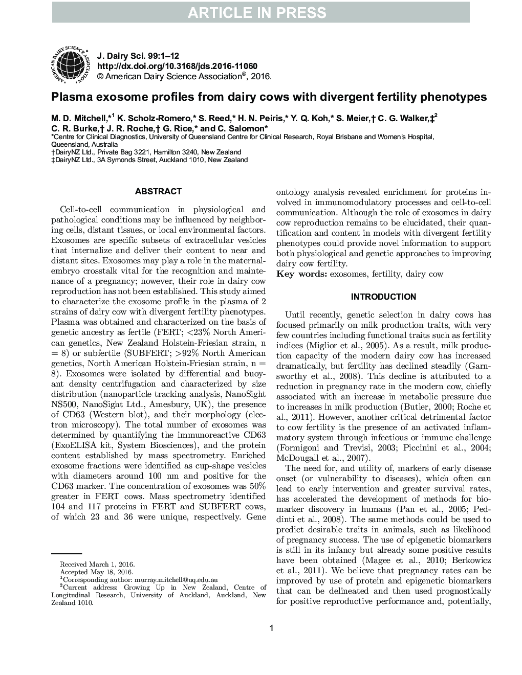 Plasma exosome profiles from dairy cows with divergent fertility phenotypes