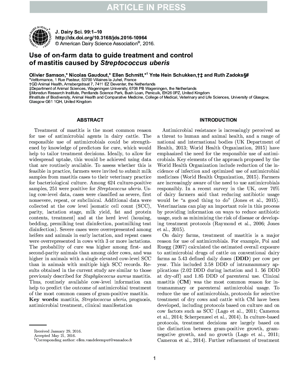 Use of on-farm data to guide treatment and control mastitis caused by Streptococcus uberis