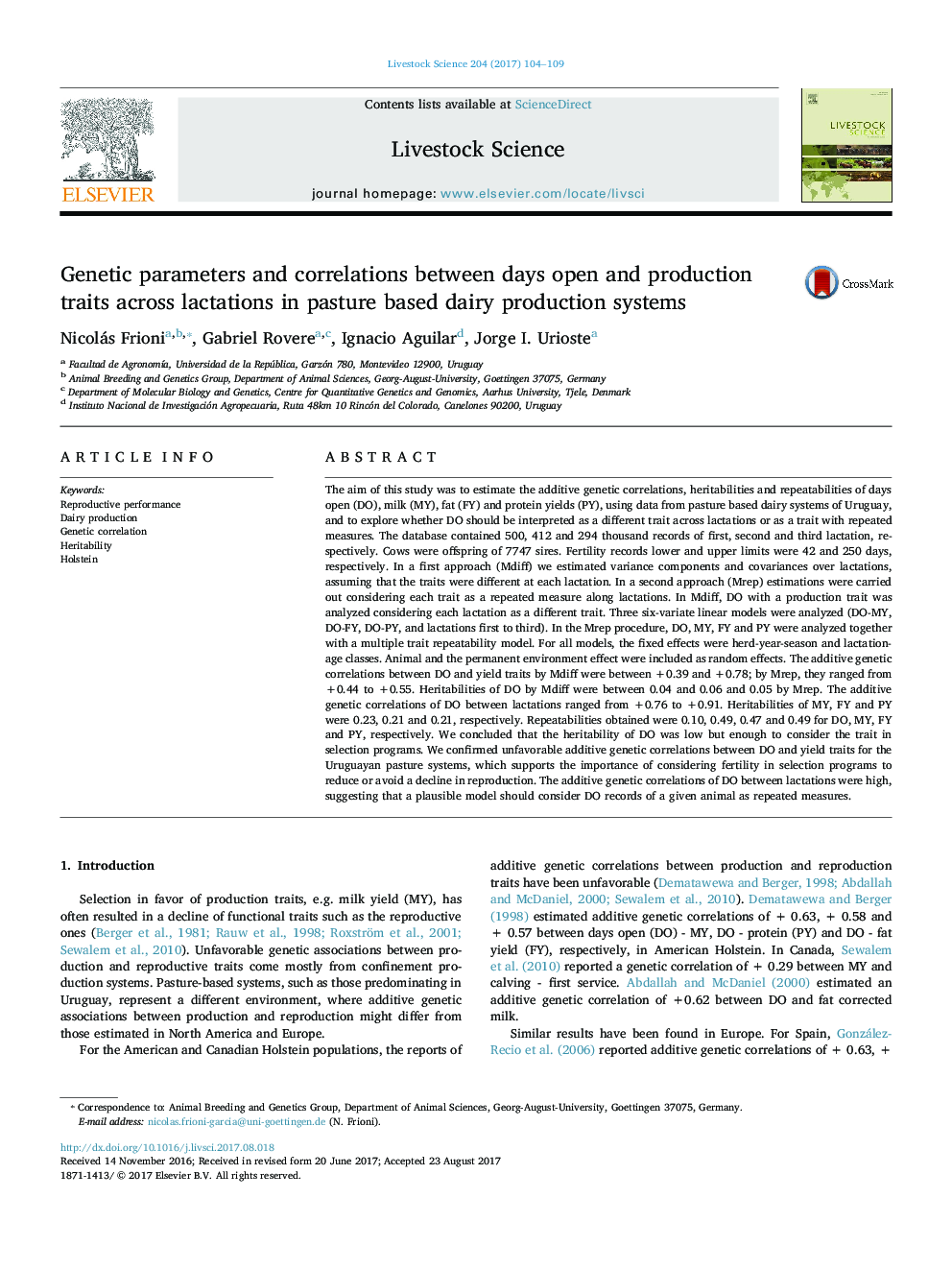 Genetic parameters and correlations between days open and production traits across lactations in pasture based dairy production systems