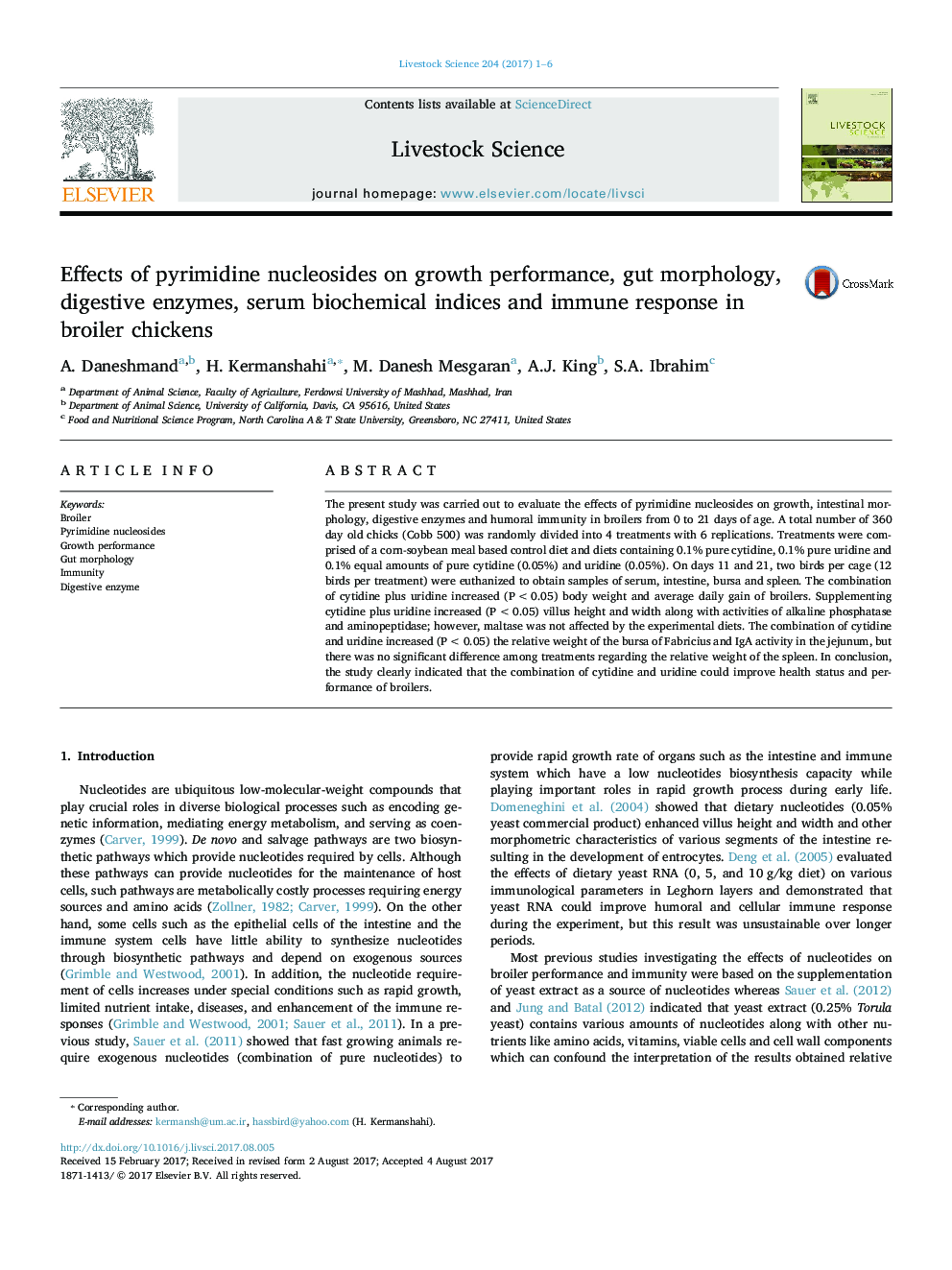 Effects of pyrimidine nucleosides on growth performance, gut morphology, digestive enzymes, serum biochemical indices and immune response in broiler chickens