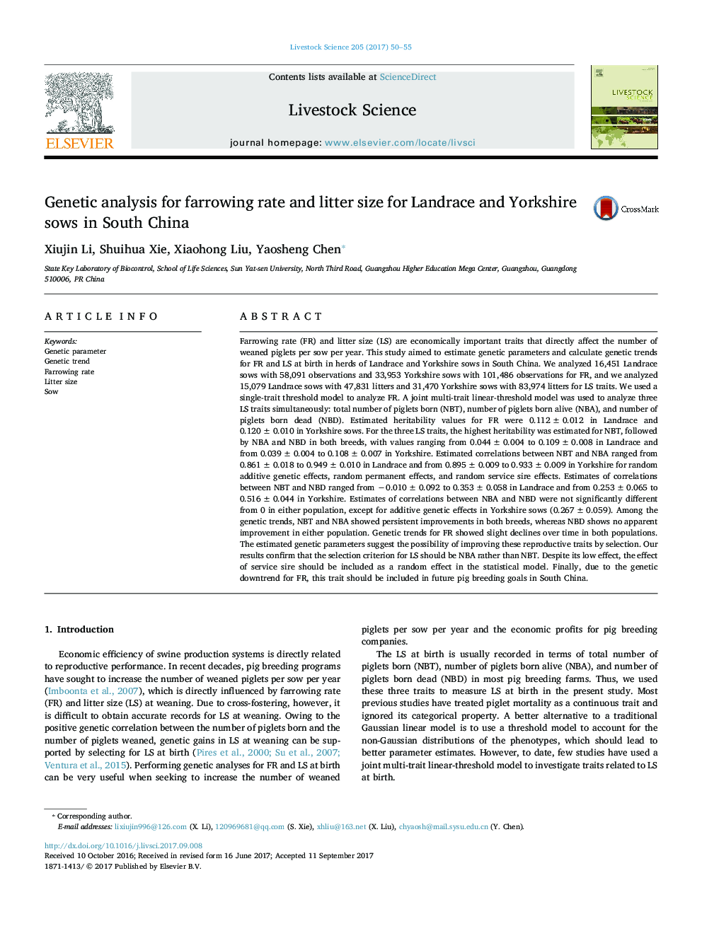 تجزیه و تحلیل ژنتیکی برای میزان پرورش و اندازه بستر برای گاوهای لاندریس و یورکشایر در جنوب چین 