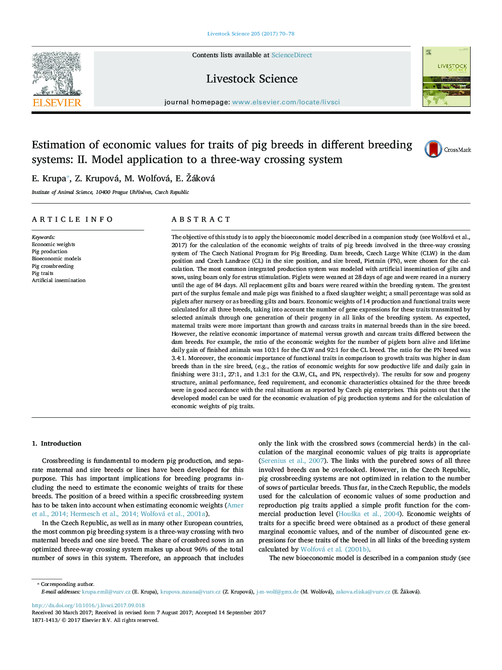 Estimation of economic values for traits of pig breeds in different breeding systems: II. Model application to a three-way crossing system