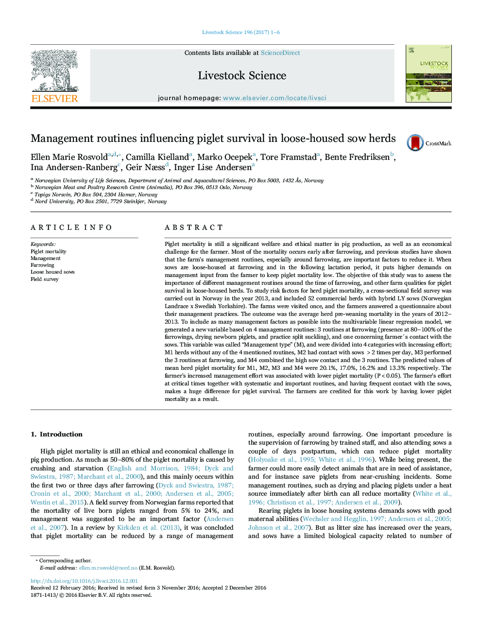 Management routines influencing piglet survival in loose-housed sow herds