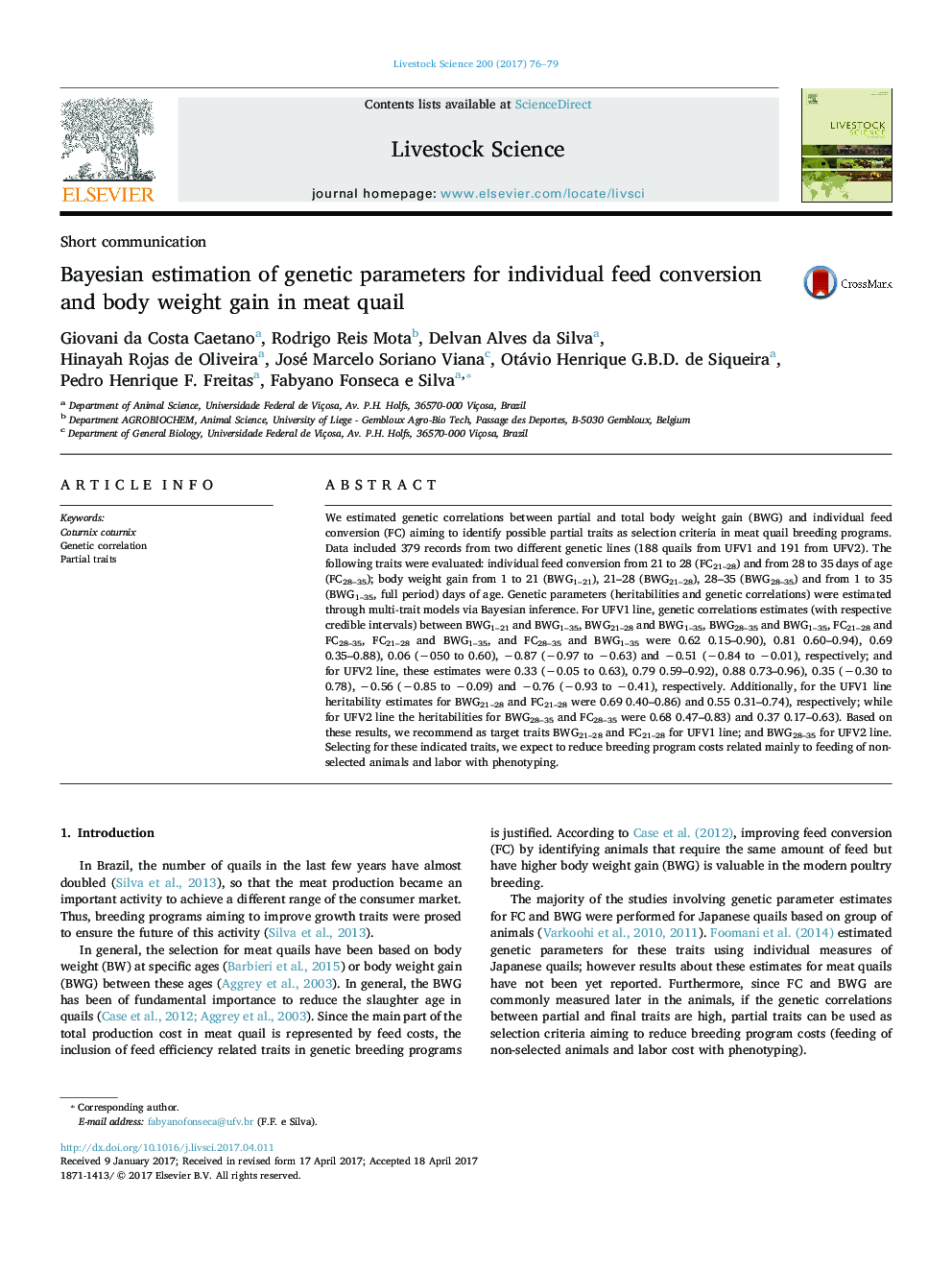 Bayesian estimation of genetic parameters for individual feed conversion and body weight gain in meat quail