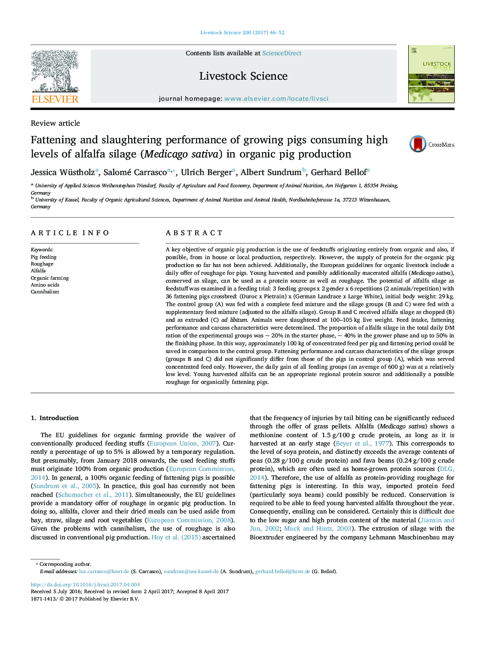 Fattening and slaughtering performance of growing pigs consuming high levels of alfalfa silage (Medicago sativa) in organic pig production