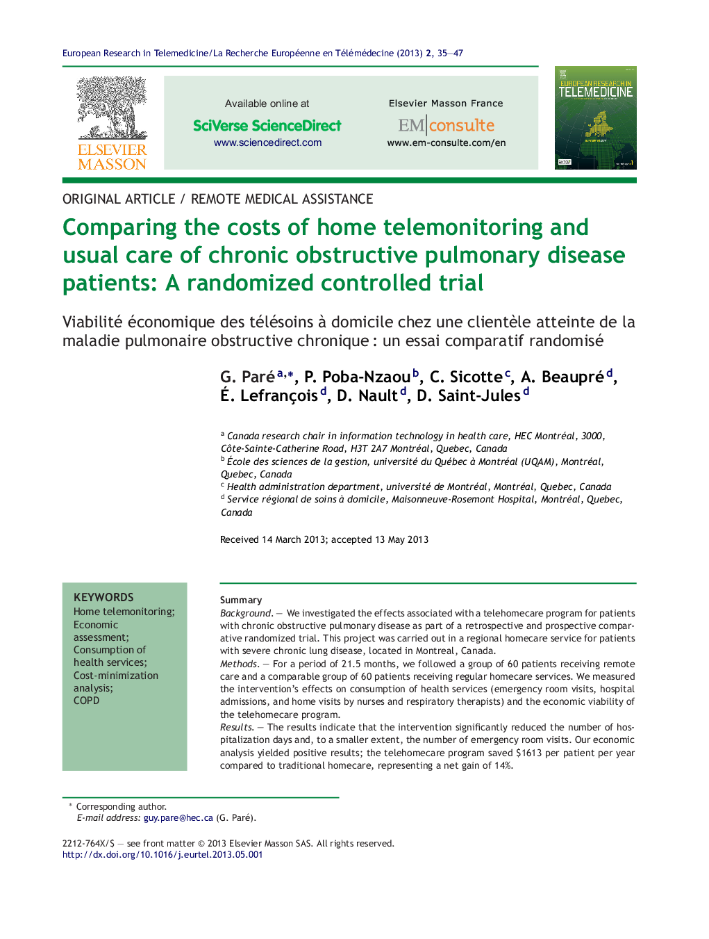 Comparing the costs of home telemonitoring and usual care of chronic obstructive pulmonary disease patients: A randomized controlled trial