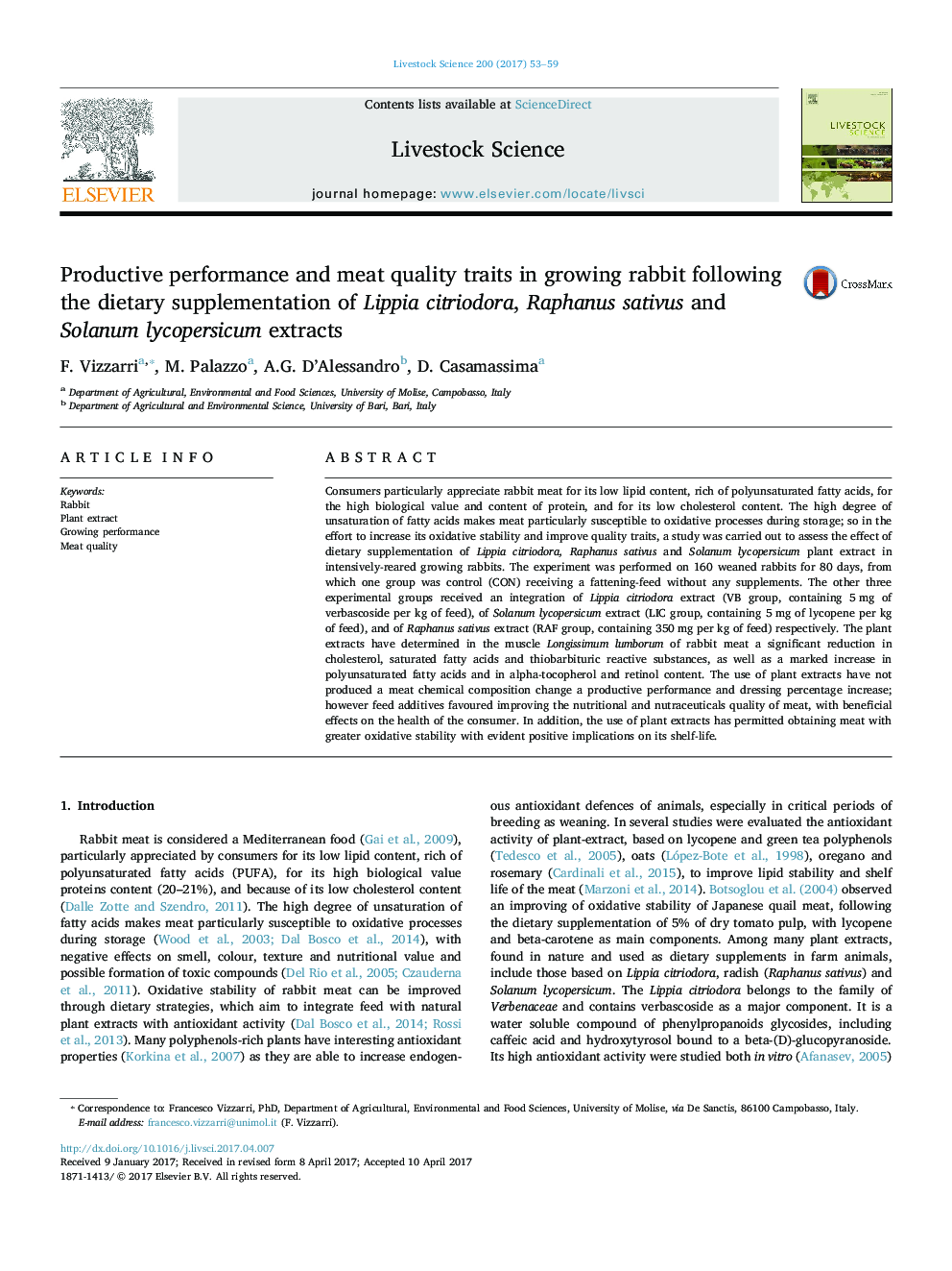 Productive performance and meat quality traits in growing rabbit following the dietary supplementation of Lippia citriodora, Raphanus sativus and Solanum lycopersicum extracts